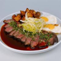 Steak & Eggs · (GS) 8 oz Flatiron steak*, 2 eggs*, garlic home fries, chipotle demi glace, chimichurri, dij...