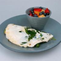 Garden Omelet · Egg whites*, spinach, broccoli, diced red onion, tomato, side of fruit