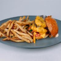 All American Burger · American cheese, shredded lettuce, tomato, thousand island dressing, served with hand-cut fr...