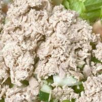 Dons Tuna Salad · Dons tuna salad is served with cucumbers, peppers, red onions, tomatoes, tuna.