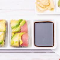Rainbow Roll · California roll topped with tuna, salmon, and avocado on the top.