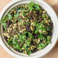 Kale Avocado Salad · Green Kale, Blistered Kale, Smashed Avocado Dressing, Roasted Pumpkin Seeds, Crispy Quinoa, ...