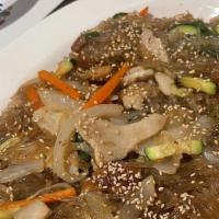 잡채 / Japchae · Clear noodles with mixed vegetables and shredded pork (Vegetarian version optional).