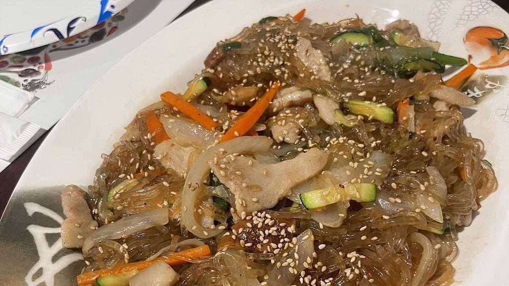 잡채 / Japchae · Clear noodles with mixed vegetables and shredded pork (Vegetarian version optional).
