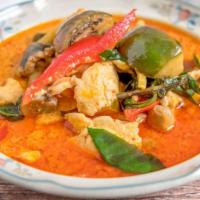 Red Curry · Thai Style Red curry, Thai eggplant, Mushroom, Bamboo, Basil, Kaffir lime leaves