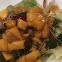 Mango Salad · Mild Spicy, Vegetarian, Nuts. mixed greens with fresh mangoes. tomato, shallots, scallion, c...