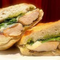 Grilled Chicken Sandwich · Herbs, Pesto, Provolone, Arugula, Lemon. Aioli