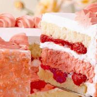 Strawberry Cheesecake Explosion · Layers of light yellow cake and cheesecake, layered with whipped cream icing, fresh sliced s...