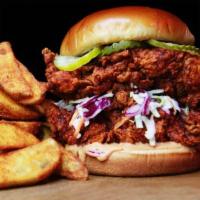 Chicken Sandwich Combo · Our juicy chicken sandwich is made with a single tender, our specialty sauce, kosher pickles...