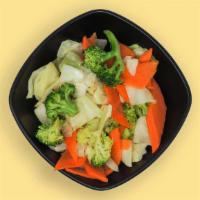 (L) Steamed Vegetables · Steamed broccoli, carrot, and cabbage.
Vegan.