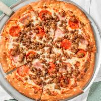 Meat Market Pizza · Pepperoni, Mild Sausage, Canadian Bacon, Burger, and Spicy Italian Sausage.
