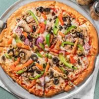 Vegetarian Sampler Pizza · Mushroom, Onion, Bell Pepper, Tomato, and Black Olive and Green Olives.