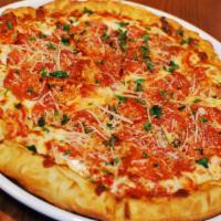 Pepperoni Pizza · This is not your normal pepperoni - layered with rich mozzarella, mounded pepperoni and ange...