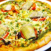 Greek · Our classic crust rubbed with basil pesto, rich feta and mozzarella cheese, sweet roma tomat...
