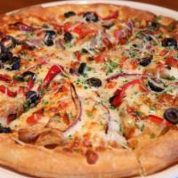 Veggie Pizza · Creamy Alfredo sauce topped with mozzarella, black olives, roasted garlic, red bell pepper, ...