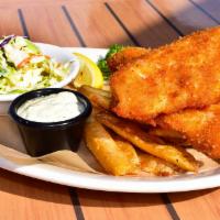 Panko Encrusted Fish & Chips* · Three pieces of Alaskan cod hand dipped in our own Hefeweizen beer batter and coated in pank...