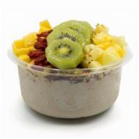 Tide Bowl · Banana blend topped with granola, pineapple, mango, kiwi, goji berries, honey.
