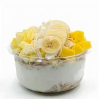 Coco Craze · Coconut blend topped with granola, banana, pineapple, mango, coconut flakes, honey.