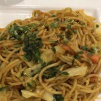 Veg Noodle · Hakke noodle sautéed with onion, ginger, garlic, ketchup, soya sauce and chili garlic paste.