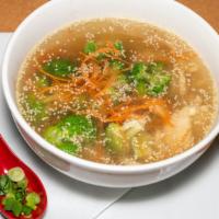 Tom Yam Noodle Soup · Vermicelli noodles, Thai chill soup, shitake mushrooms, white mushrooms, basil, lemon grass,...