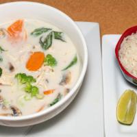 Tom Kah Noodle Soup With Coconut Milk. · Vermicelli noodles, Thai chili soup, shitake mushrooms, white mushrooms, basil, lemon grass,...