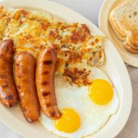 Sausage & Eggs · Four sausage links served with two extra large eggs, home fries and your choice of toast or ...