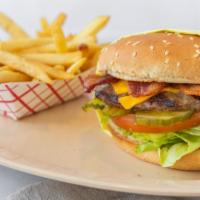 Bacon Burger Combo · Served with bacon, 1000, lettuce, tomato, pickle, onion burger bun.