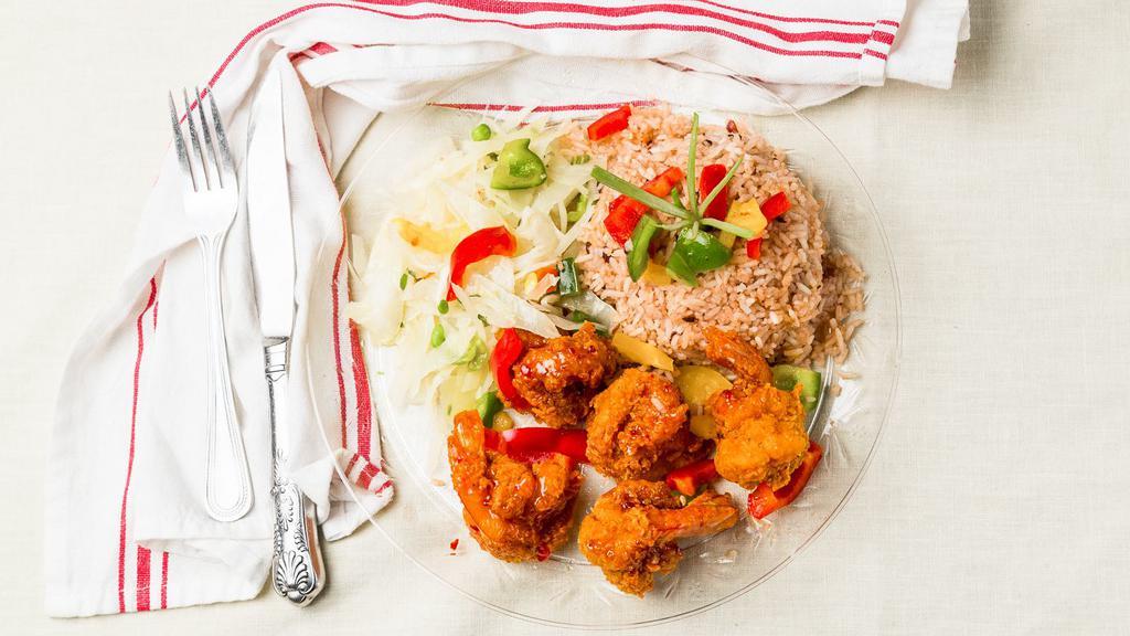 Sweet Thai Chilli Shrimp · Served with rice & peas or white rice.