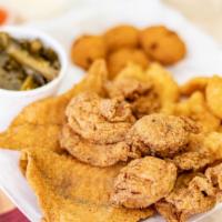 3 Pieces Fish, 1/2 Jar Oyster · 3 pieces of fish in our signature cornmeal batter and 1/2 jar of oyster served with 2 sides ...