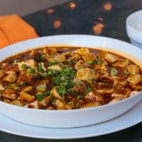 Vegetarian Mapo Tofu · silken tofu in a spicy broad bean sauce with Sichuan peppercorn powder and leeks - spice: 2/...