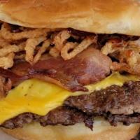 Bbq Bacon Cheeseburger (Brioche Bun) · angus beef, american cheese, bacon, fried onion strings, bbq sauce