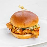 Spicy Chicken Sandwich · Flash-fried chicken breast, spicy ranch, and broccoli slaw served on a brioche bun.