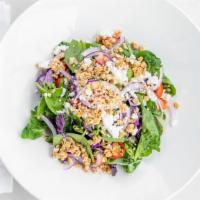 Kale Salad · Gluten free, Baby kale and spinach, quinoa, shaved red onion, crumbled goat cheese, tomato, ...