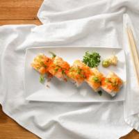 Volcano Roll · Cucumber, Crab Delight with Spicy Crab, Crunch, Eel Sauce on Top