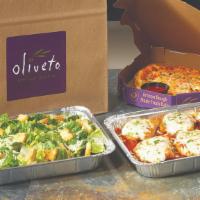 Italian Take-Away · Your choice of Pasta & Salad served with Hearth-Baked Cheese Bread - Feeds 4-5 people!