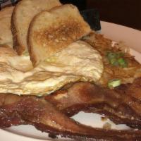 The Great American Breakfast · Bacon or sausage, 3 eggs, any style, toast, green onion potato hash.