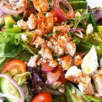 Greek Salad · Fresh Mixed Lettuce, Cherry Tomatoes, Cucumbers, Green Peppers, Red Onions, Feta, Pepperonci...