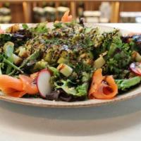 Salmon Salad · Spring Mix, Green Apple, Radish, Avocado, Quinoa, Smoked Salmon, and Balsamic