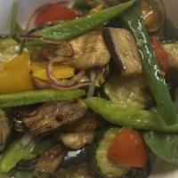 Veggie Side · Zucchini, peppers, mushroom, onion, and eggplant grilled and dressed in balsamic glaze