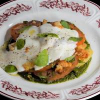 Heirloom Tomato Salad · Stracchino Cheese, Basil, Pesto. Contains: Dairy, Allium, Gluten, Nightshade, Fin Fish, Blac...