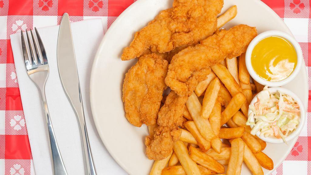 Chicken Tender (5 Pcs.) · With fries, coleslaw, and sauce.