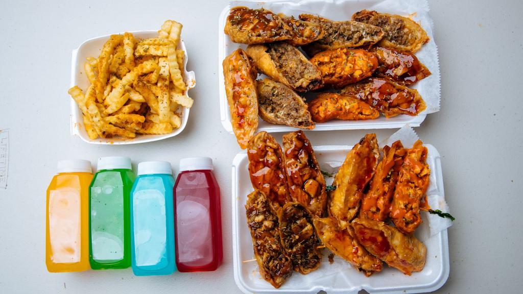 Family Dinner Combo · 20 variety egg roll halves,  one large fries, 4 house drink. Comes with 5 Dipping Sauces  Please add to order if you like more.