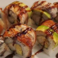 Alligator Roll · Shrimp Tempura, Cucumber, topped with Eel and Avocado