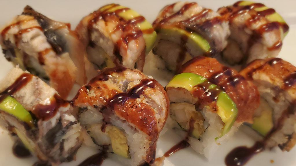Alligator Roll · Shrimp Tempura, Cucumber, topped with Eel and Avocado