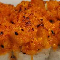Spicy Scallop Roll · Crab Stick, Avocado topped with Broiled Scallop - Spicy