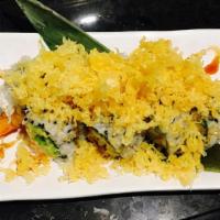 Crunch Roll · In: shrimp tempura, cucumber, avocado and imitation crab out: tempura crunch.