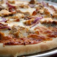 Bbq Bacon Chicken Pizza · Bbq sauce topped with seasoned grilled chicken, bacon, red onion and mozzarella and Cheddar ...