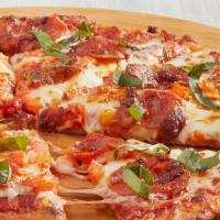 Pepperoni · Pepperoni, tomatoes, mozzarella, pizza sauce, topped with fresh basil. Calories are displaye...