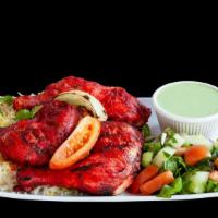 Tandoori Chicken Tikka (Half) · Comes with rice salad and one veggie side of your choice