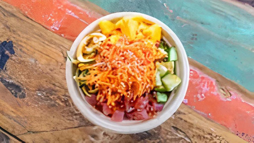 The Better Bowl · Brown rice, tuna, mango, zoodles, cucumber, carrot, sweet chili sauce